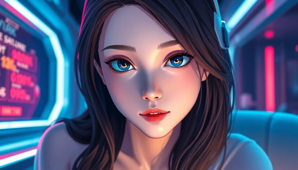 A realistic AI girlfriend sitting in a futuristic environment with vibrant neon lighting and expressive features.