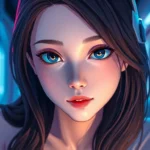A realistic AI girlfriend sitting in a futuristic environment with vibrant neon lighting and expressive features.