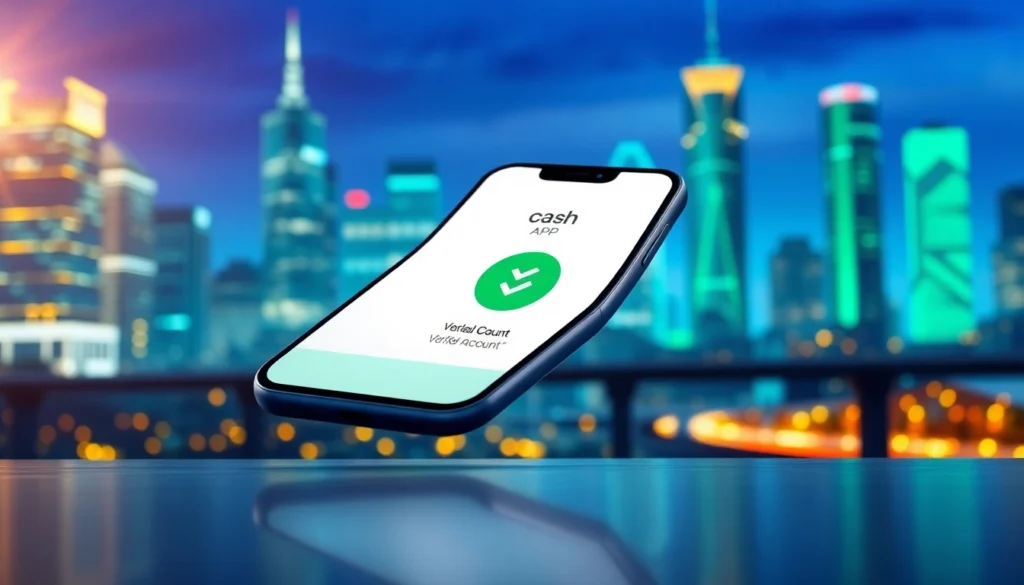 A smartphone displaying a verified Cash App account interface with a cityscape background at dusk.