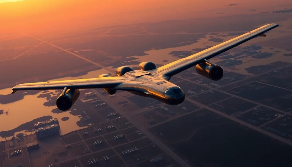 The powerful B-52 link b52 bomber soaring over a military base during sunset, showcasing its iconic design and commanding presence in the sky.