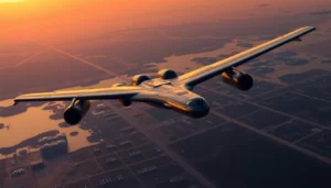 The powerful B-52 link b52 bomber soaring over a military base during sunset, showcasing its iconic design and commanding presence in the sky.