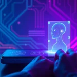 Futuristic AI chatbot interface with holographic avatar on a sleek device screen, glowing neon lights, and a dark tech-inspired background.