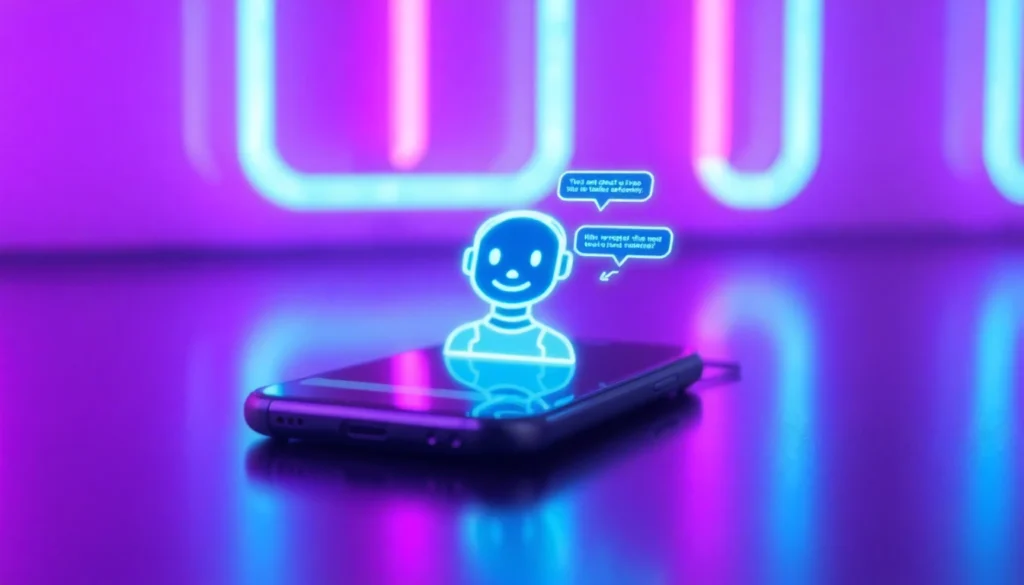 Close-up of a smartphone displaying a chat with a friendly AI character in a neon-lit, futuristic setting.