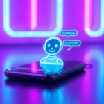 Close-up of a smartphone displaying a chat with a friendly AI character in a neon-lit, futuristic setting.