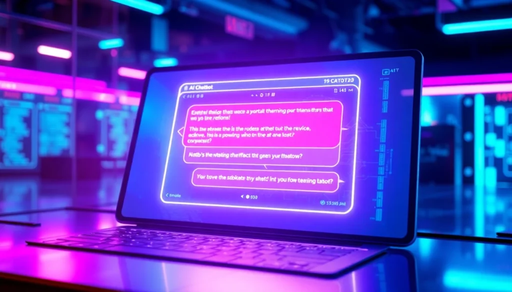 A futuristic AI chatbot interface on a sleek screen with neon colors and cyberpunk style.