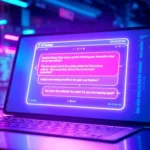 A futuristic AI chatbot interface on a sleek screen with neon colors and cyberpunk style.