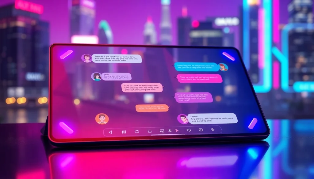 Futuristic chat interface on a tablet with neon accents and animated conversations with AI characters against a cityscape background.