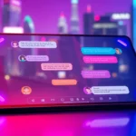 Futuristic chat interface on a tablet with neon accents and animated conversations with AI characters against a cityscape background.