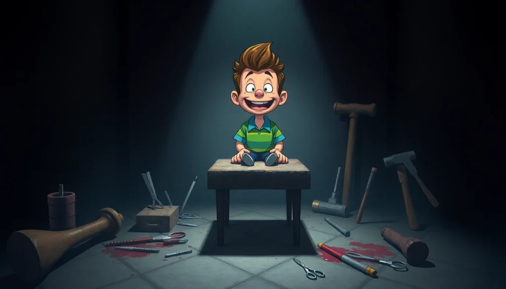 A disturbing scene of Harvey, a cheerful character, in a dark room with violent tools around him, showing his changing expressions from cheerful to distressed.