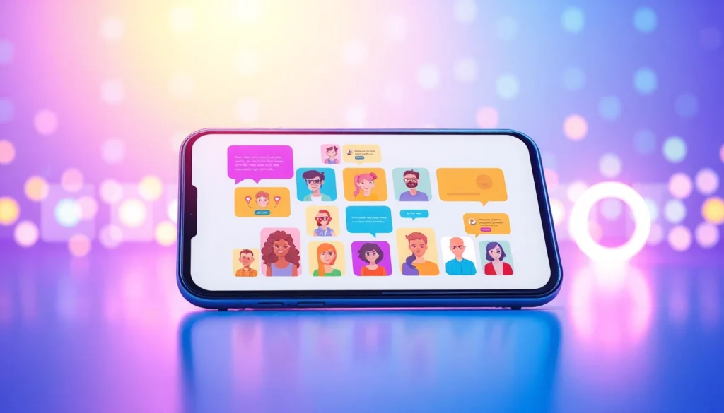 A futuristic chat interface on a device screen with colorful speech bubbles and digital data streams, representing AI conversation and customization.