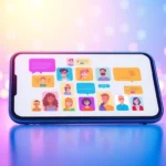 A futuristic chat interface on a device screen with colorful speech bubbles and digital data streams, representing AI conversation and customization.