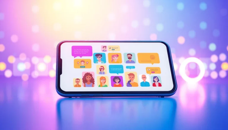 A futuristic chat interface on a device screen with colorful speech bubbles and digital data streams, representing AI conversation and customization.