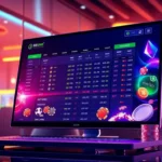 Digital illustration of an online sportsbook and casino platform with neon lights and sports icons.