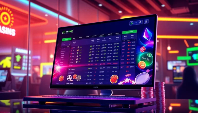 Digital illustration of an online sportsbook and casino platform with neon lights and sports icons.