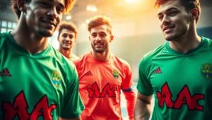 High-quality teamwear apparel designed for sports teams, showcasing vibrant jerseys being worn by athletes in action, emphasizing customization and performance.