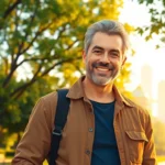 Stylish man in casual attire smiling in a park during golden hour, urban background