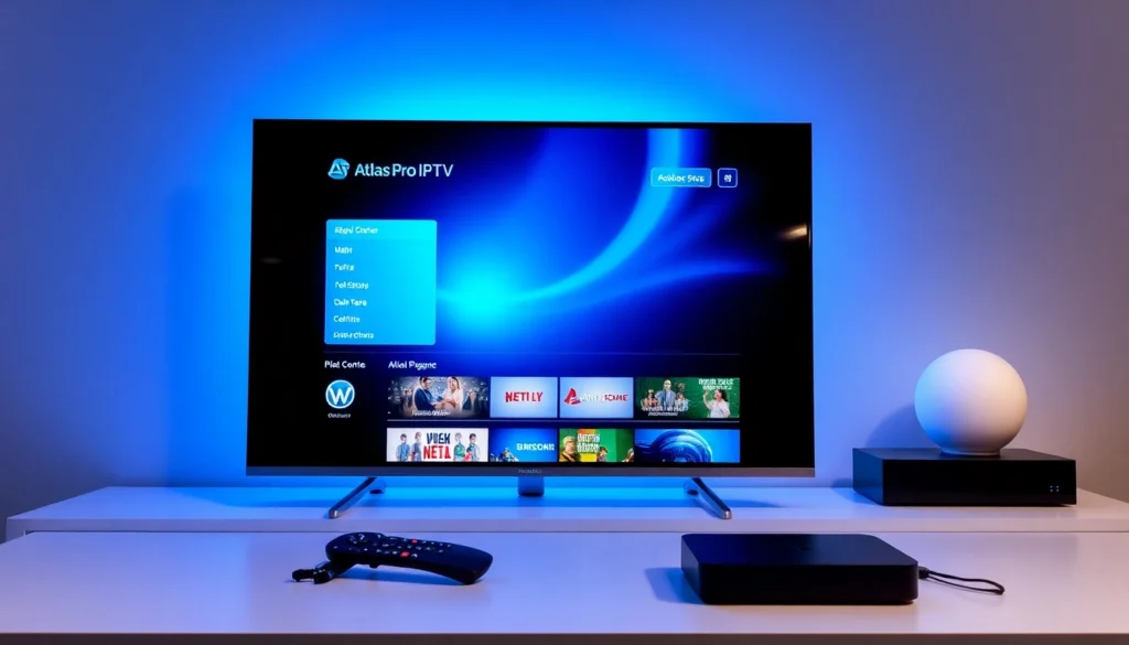 Premium Atlas Pro IPTV streaming interface displayed on a high-definition smart TV, emphasizing quality and user experience for IPTV subscribers.