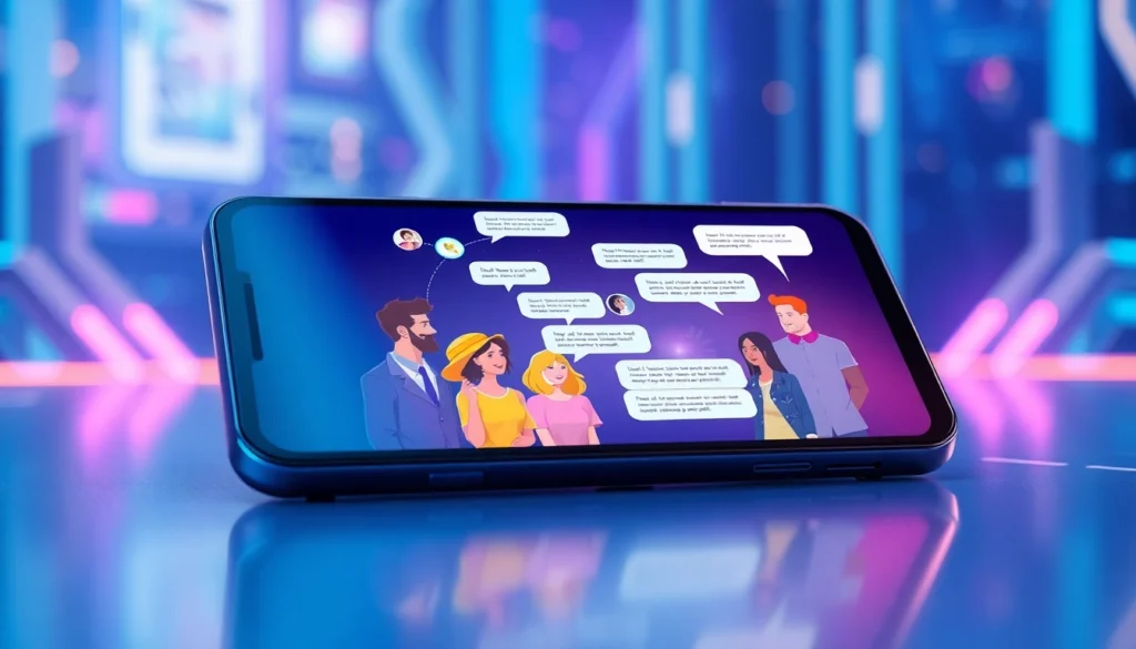 Futuristic AI chat interface with diverse animated characters engaging in conversations on a modern device screen.