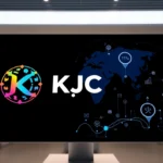 KJC logo positioned on a futuristic digital interface, symbolizing innovation and global connectivity in digital entertainment and technology.