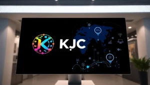 KJC logo positioned on a futuristic digital interface, symbolizing innovation and global connectivity in digital entertainment and technology.