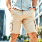 Cargo shorts being styled casually by a man outdoors, showcasing comfort and modern design features.