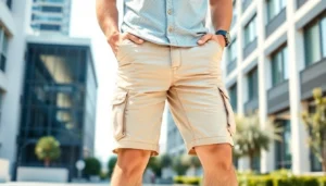 Cargo shorts being styled casually by a man outdoors, showcasing comfort and modern design features.