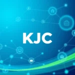 KJC logo amid a high-tech digital network, emphasizing innovation, connectivity, and digital entertainment solutions.