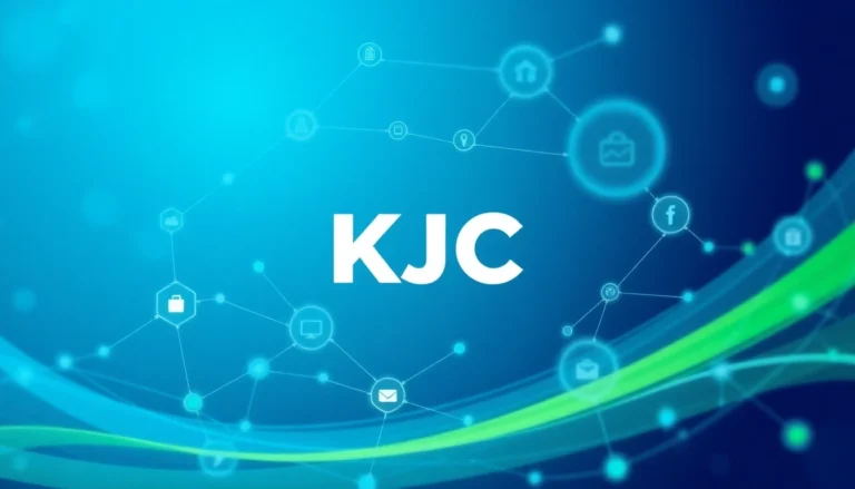 KJC logo amid a high-tech digital network, emphasizing innovation, connectivity, and digital entertainment solutions.