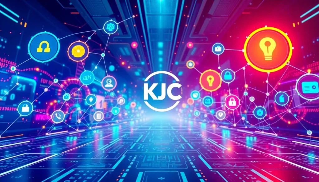 KJC logo displayed on a dynamic digital interface, representing innovation and connectivity in digital entertainment systems.