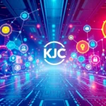 KJC logo displayed on a dynamic digital interface, representing innovation and connectivity in digital entertainment systems.