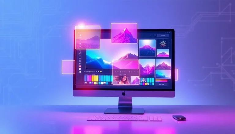 Futuristic AI interface with holographic image editing tools in a high-tech workspace