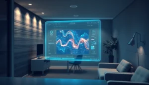 Futuristic workspace with holographic image editing interface highlighting advanced AI technology