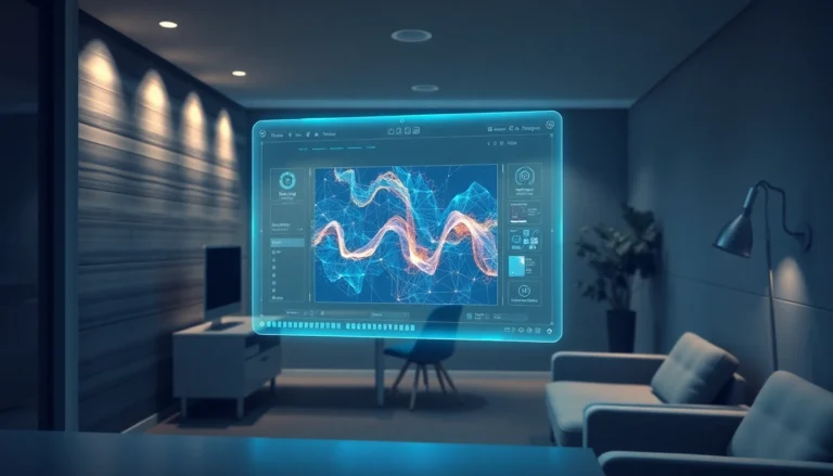 Futuristic workspace with holographic image editing interface highlighting advanced AI technology