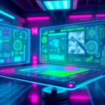 Futuristic AI interface with holographic image editing panels in a high-tech environment.