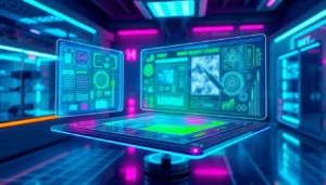 Futuristic AI interface with holographic image editing panels in a high-tech environment.
