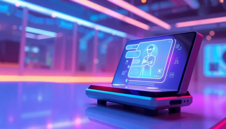 Futuristic holographic AI chat interface being used on a modern device in a high-tech environment.