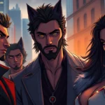 An illustration of a modern society inspired by the Omegaverse, showing humans with wolf-like features and a hierarchical social structure.