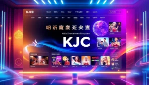 KJC logo displayed on a sleek digital platform, highlighting its global entertainment network and technological innovation.