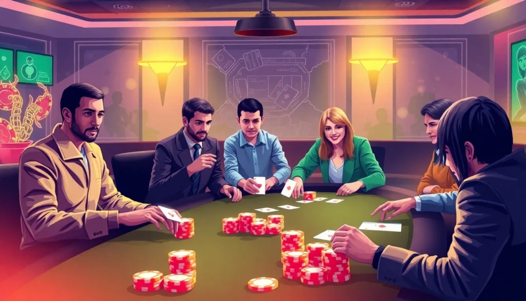 Best pokerbros clubs - vibrant online poker scene with players, chips, and cards enhancing gameplay experience.