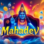 Mahadev book logo with a Shiva statue, betting icons, and vibrant colors showcasing online