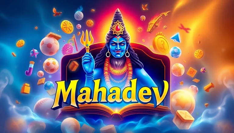Mahadev book logo with a Shiva statue, betting icons, and vibrant colors showcasing online