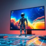 一個逼真的3D AI公仔模型在現代數位工作空間中生成，背景為高科技風格的電腦界面與柔和的氛圍燈光，展現未來感。