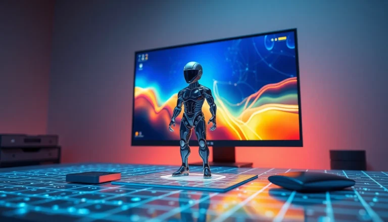一個逼真的3D AI公仔模型在現代數位工作空間中生成，背景為高科技風格的電腦界面與柔和的氛圍燈光，展現未來感。