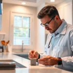 Pest control technician inspecting traps in a clean kitchen environment