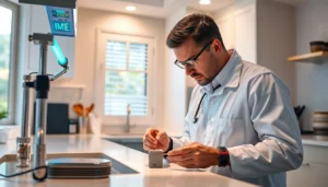 Pest control technician inspecting traps in a clean kitchen environment