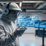 Technicus voert geavanceerde muizeninspectie uit met high-tech apparatuur in een moderne ruimte.