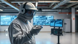 Technicus voert geavanceerde muizeninspectie uit met high-tech apparatuur in een moderne ruimte.