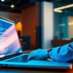 Angular developer working on web app code with sleek laptop, professional workspace, and
