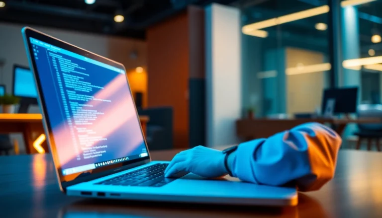 Angular developer working on web app code with sleek laptop, professional workspace, and