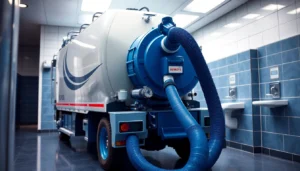 Reliable in action cleaning a commercial restroom with focus on suction process and safety measures